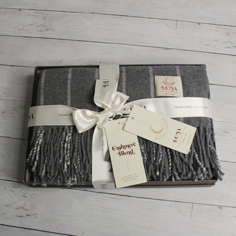 Luna Cashmere Wool Plaid Throw Blanket Made in Italy Gray Off White